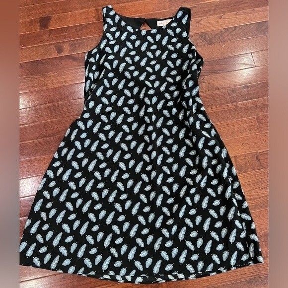 Anthropologie Philosophy black and aqua feather print open back dress size small - Picture 2 of 6